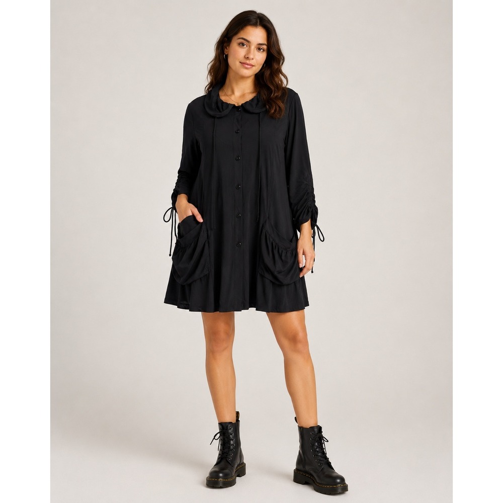 IC by Connie K Black Ruched Sleeve Ruffle Pocket Tunic Dress XL 6729J USA Made